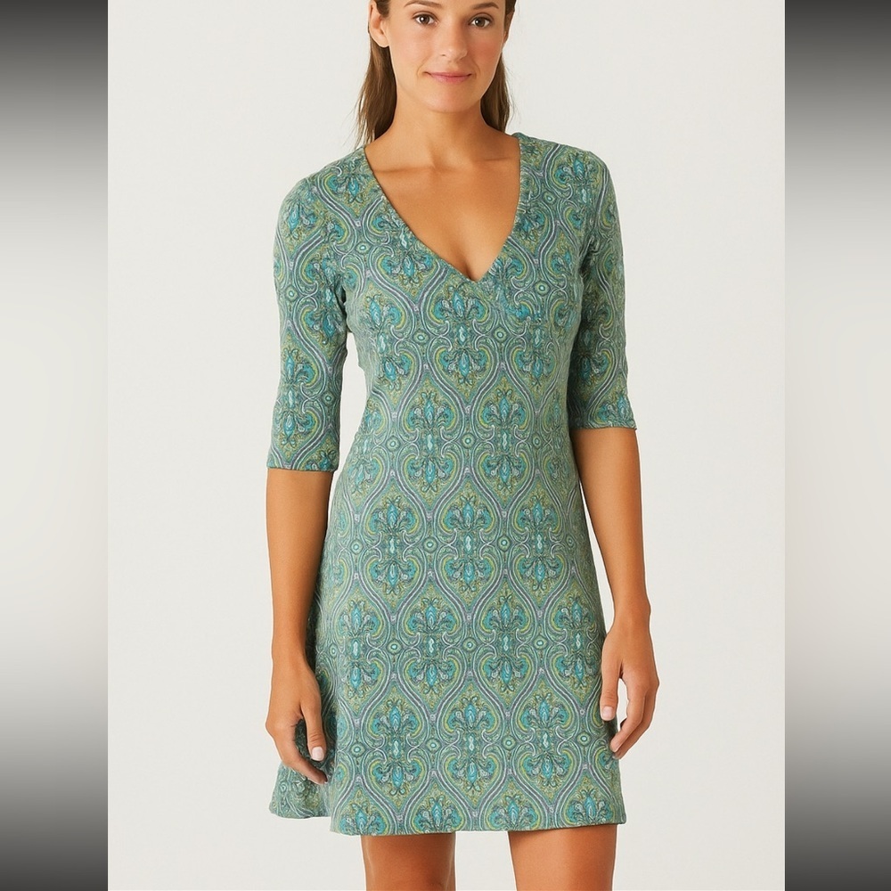 Prana Green Blue Paisley Print Faux Wrap Dress M outdoor hiking camping